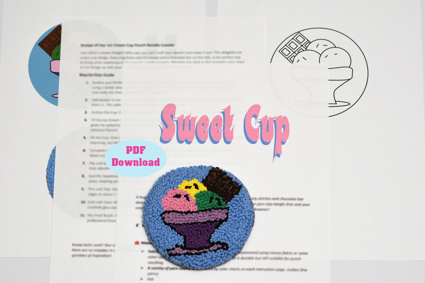 Embroidery pattern of a coaster with 'Sweet Cup' Ice cream design and PDF download text on a white background