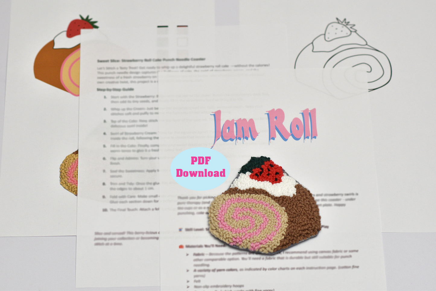 Punch needle coaster pattern for a 'Jam Roll' with illustrations and text on a white background