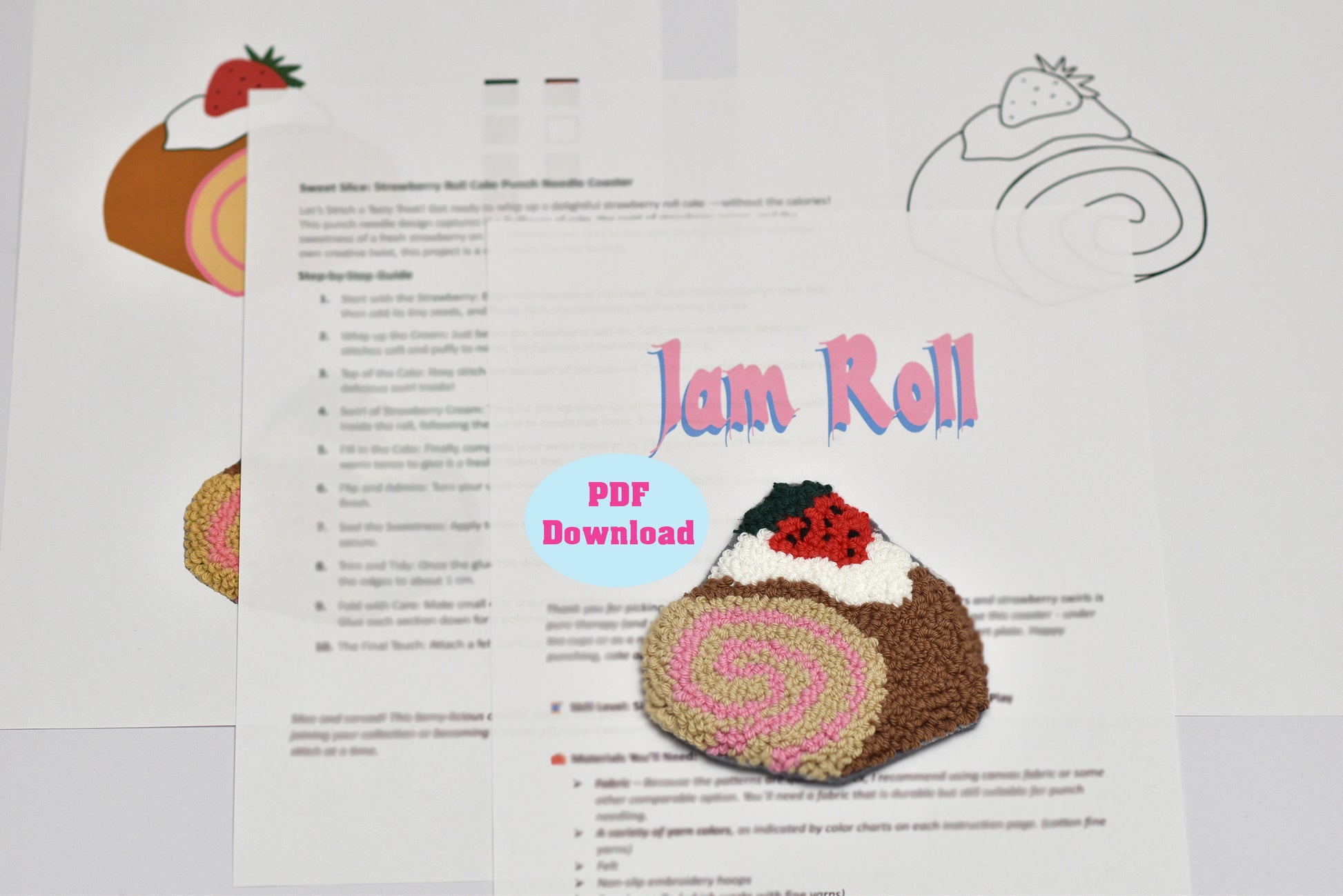 Punch needle coaster pattern for a 'Jam Roll' with illustrations and text on a white background