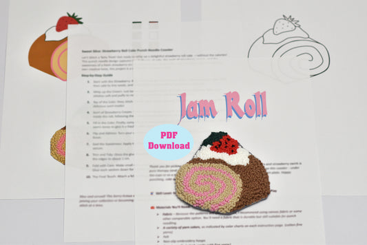 Punch needle coaster pattern for a 'Jam Roll' with illustrations and text on a white background