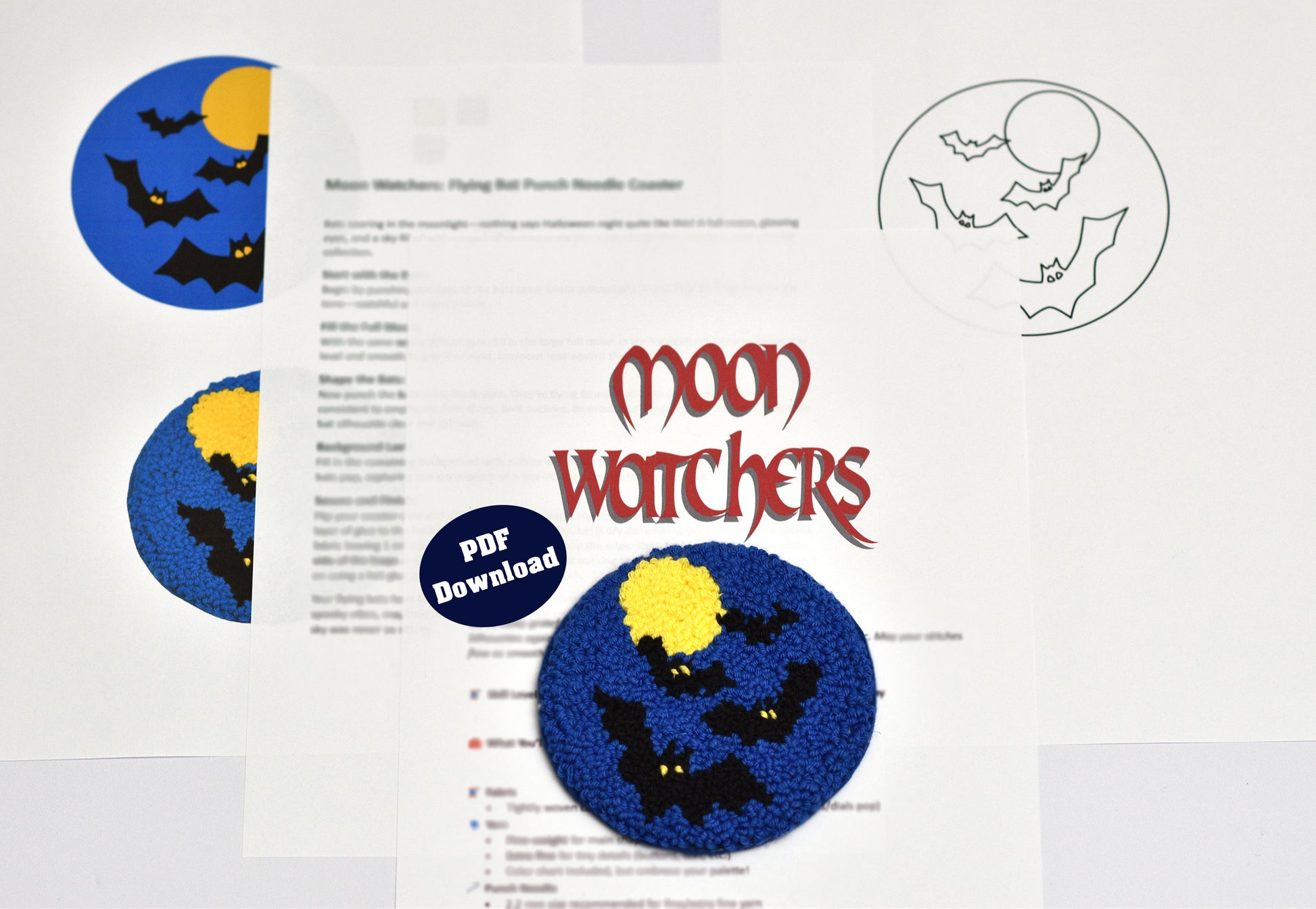 Moon Watchers punch needle coaster pattern with bats and moon design on a white background