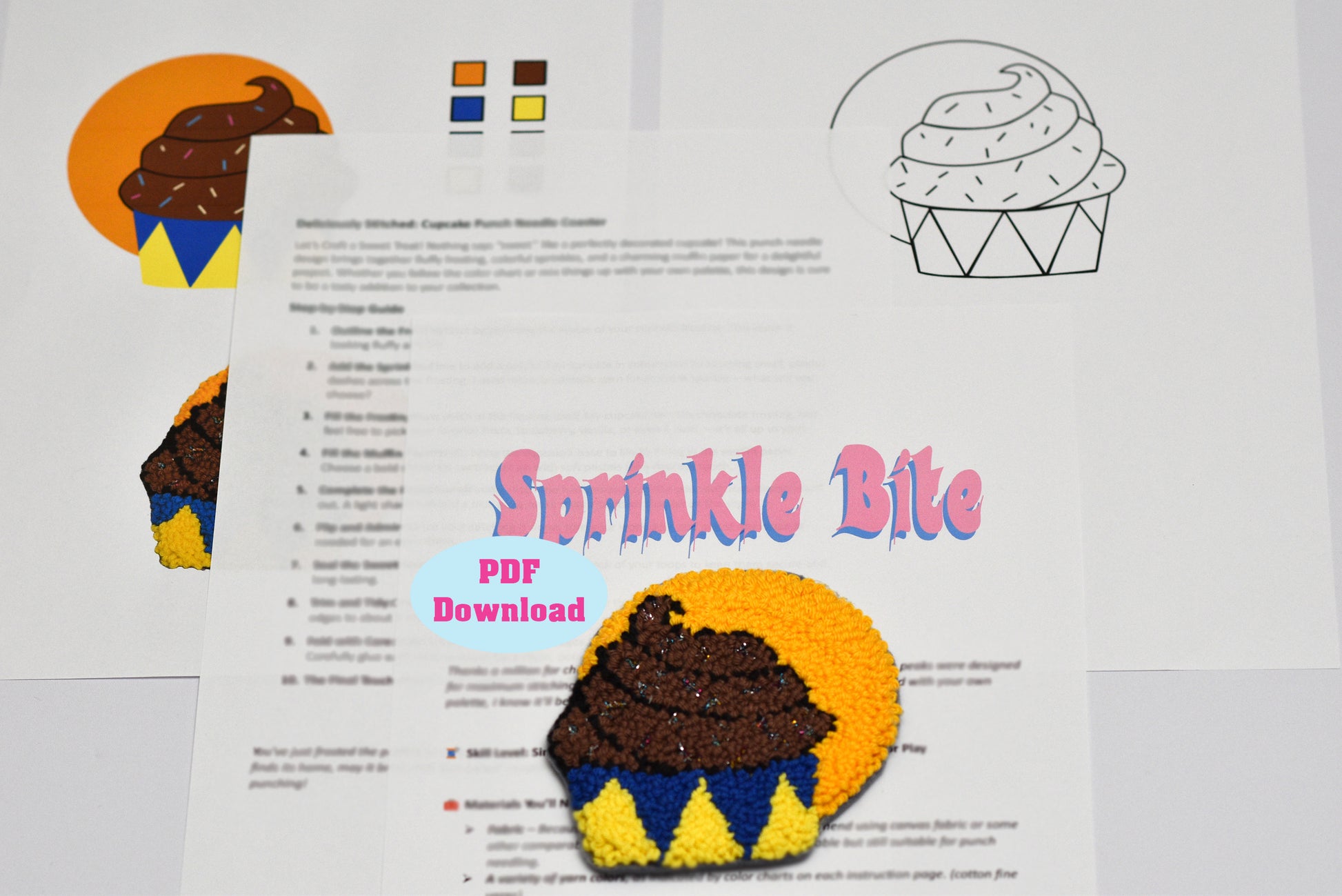 Colorful cupcake design with 'Sprinkle Bite' branding on a white background