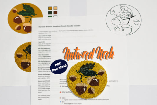 Punch needle coaster pattern sheet labelled as 'Nutwood Neck' with illustrations and text.