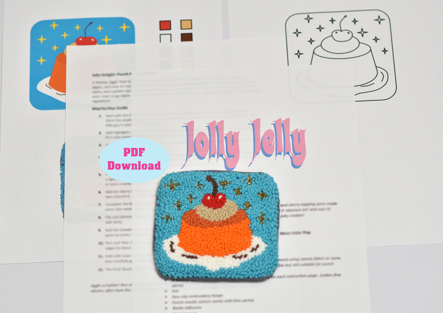 Jolly Jelly punch needle coaster PDF download option on a white background