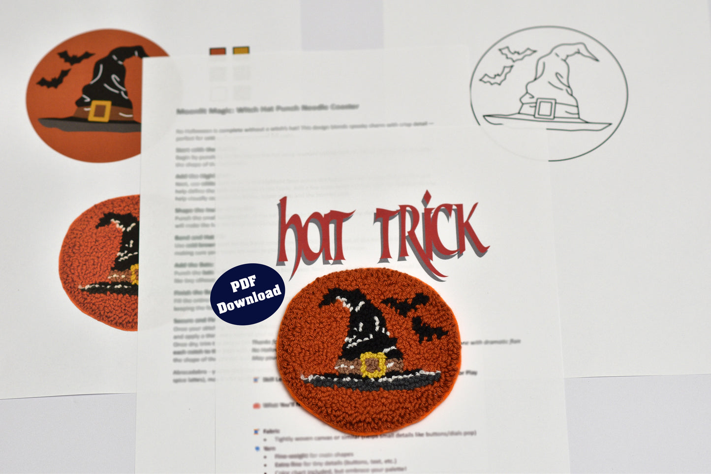 Halloween-themed witch hat designed punch needle coaster with 'hot trick' text on a printed document.