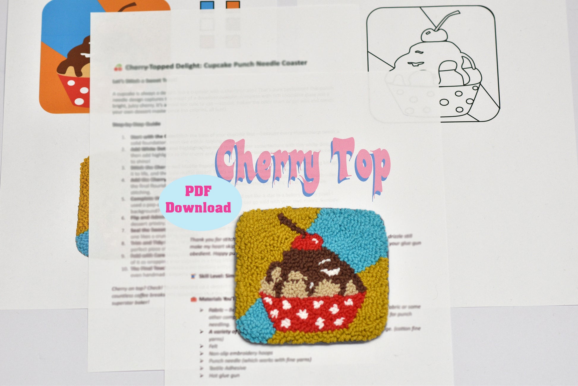 Punch needle pattern leaflet for 'Cherry Top' with cup cake design and text on a white background