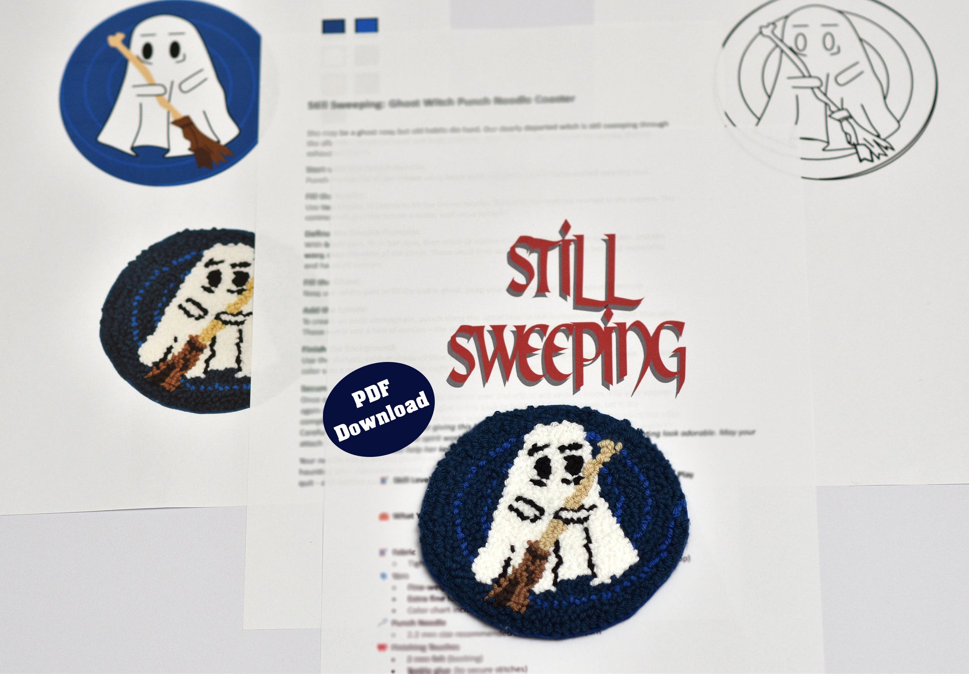 Embroidery coaster design with ghost character and text 'Still Sweeping' on a white background