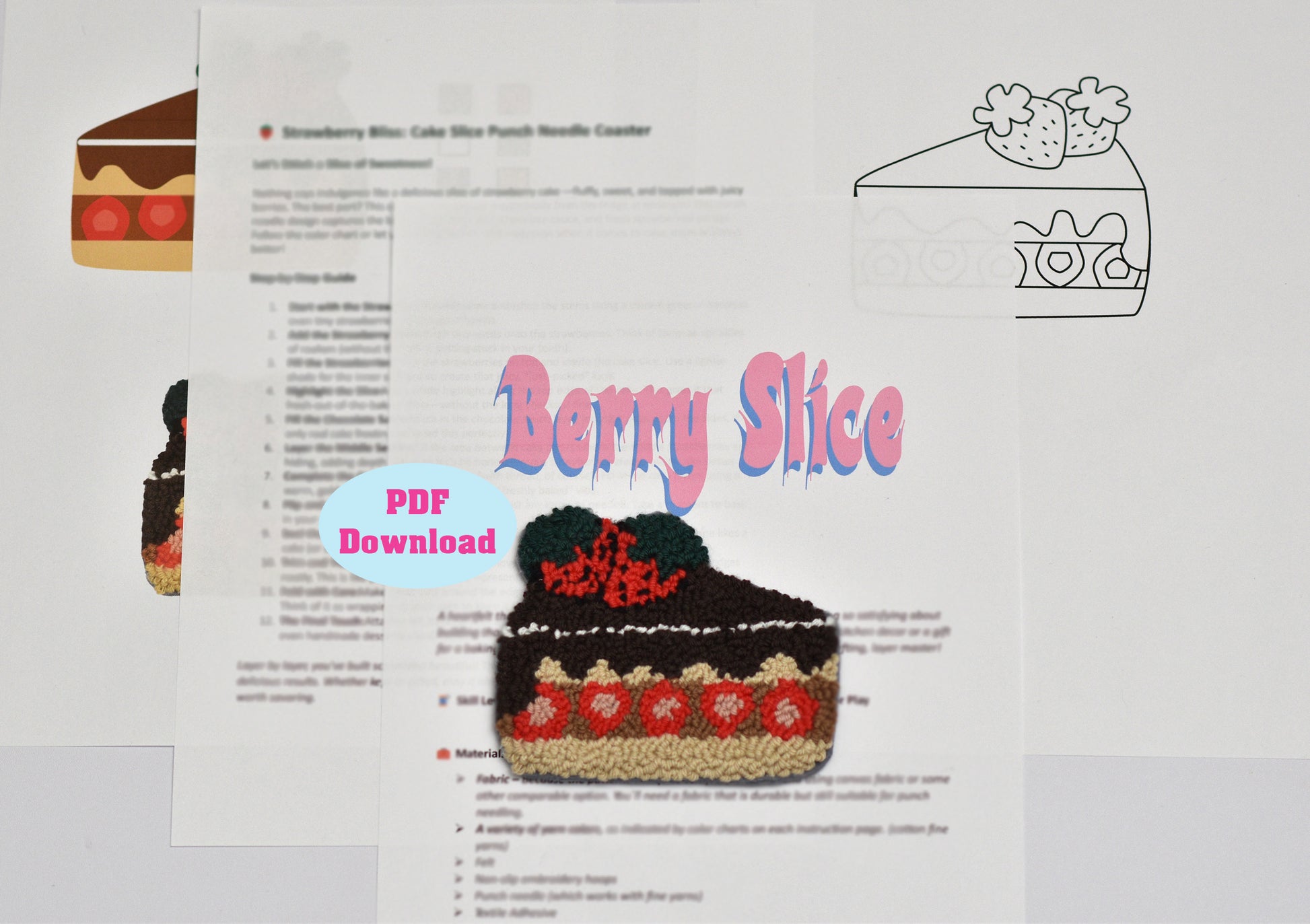 Punch Needle strawberry cake slice pattern with text and branding on a white background