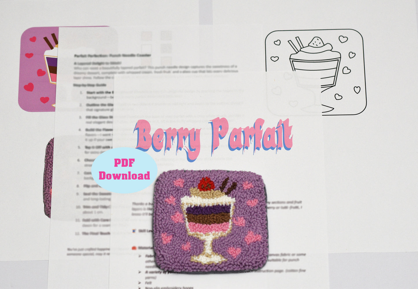 Berry Parfait coaster pattern with PDF download text on a white background