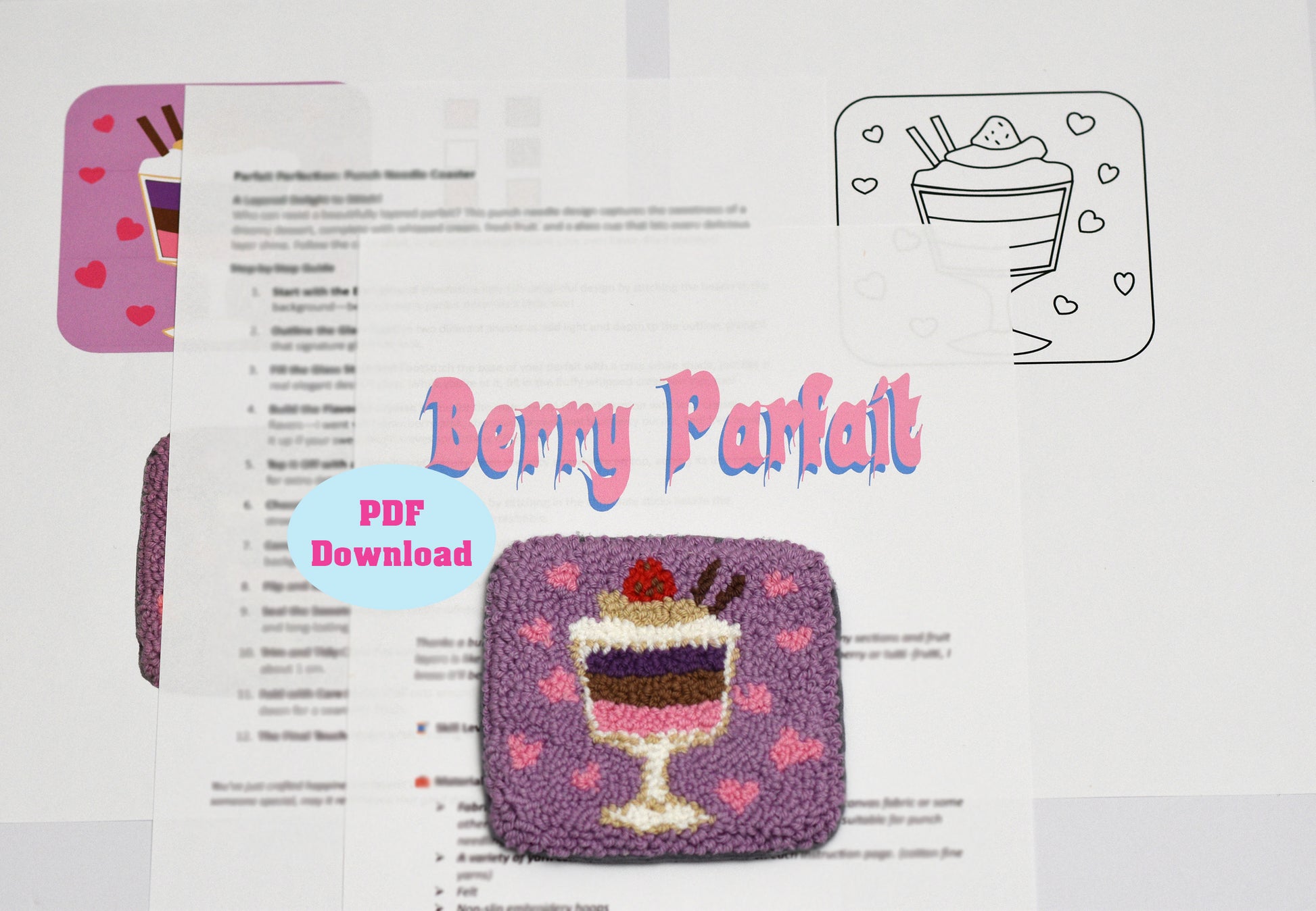 Berry Parfait coaster pattern with PDF download text on a white background