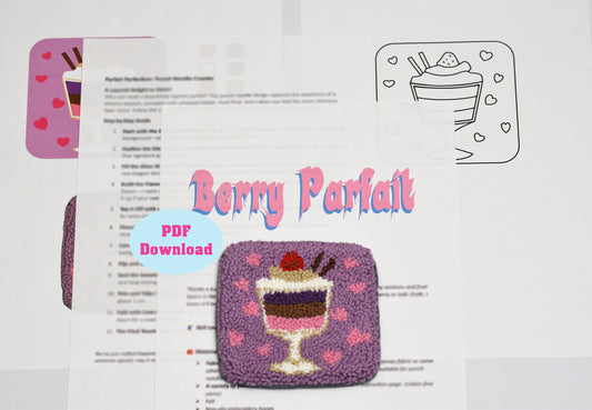 Berry Parfait coaster pattern with PDF download text on a white background