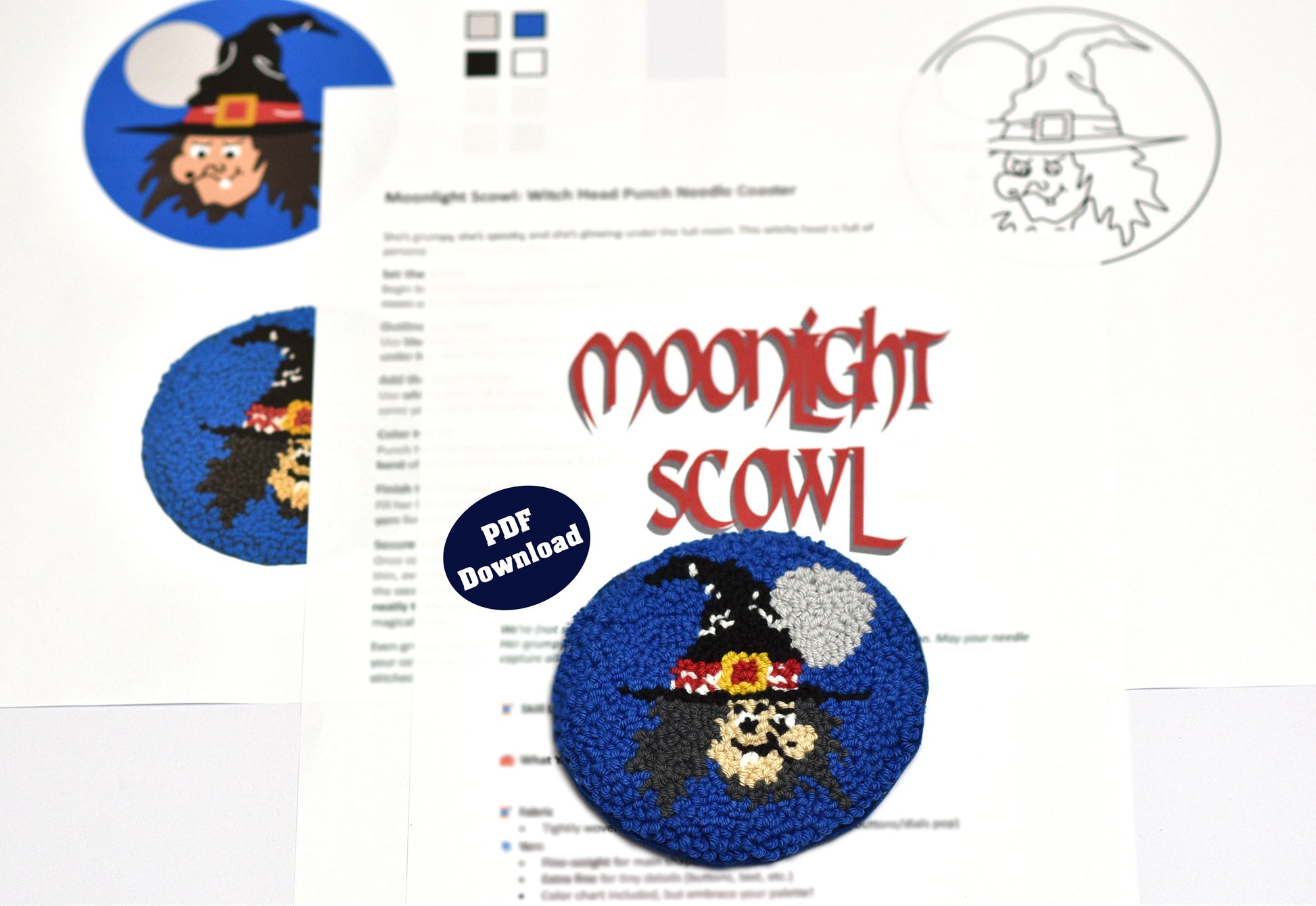 Design template for a witch designed coaster with 'Moonlight Scowl' branding on a white background.