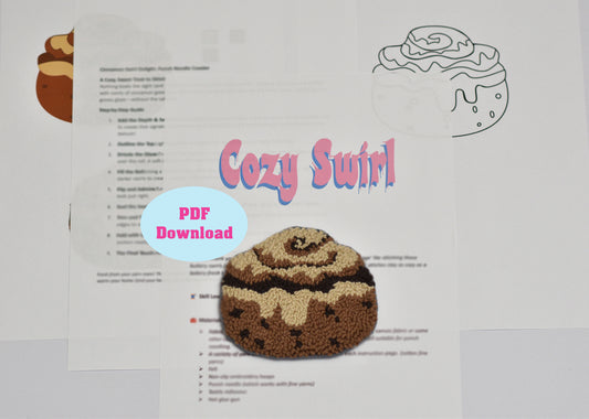 Cinnamon roll-shaped coaster with 'Cozy Swirl' text and PDF download button on a document background.