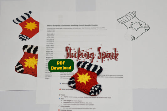 Punch needle Christmas stocking shaped coasters with zebra-striped cuffs and yellow stars on a white background with 'Stocking Spark' branding.