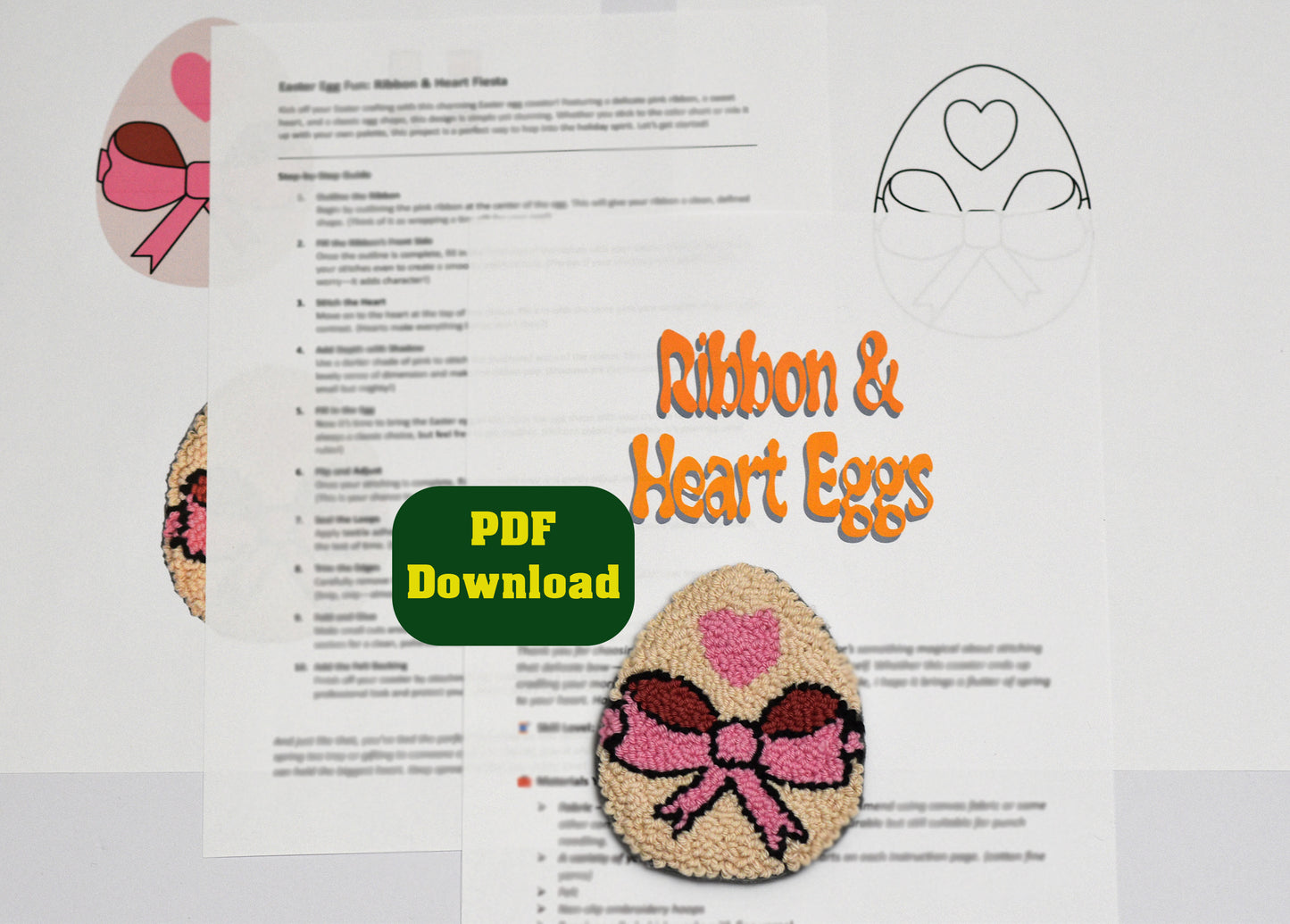 Easter egg coaster template with ribbon and heart design on a PDF document