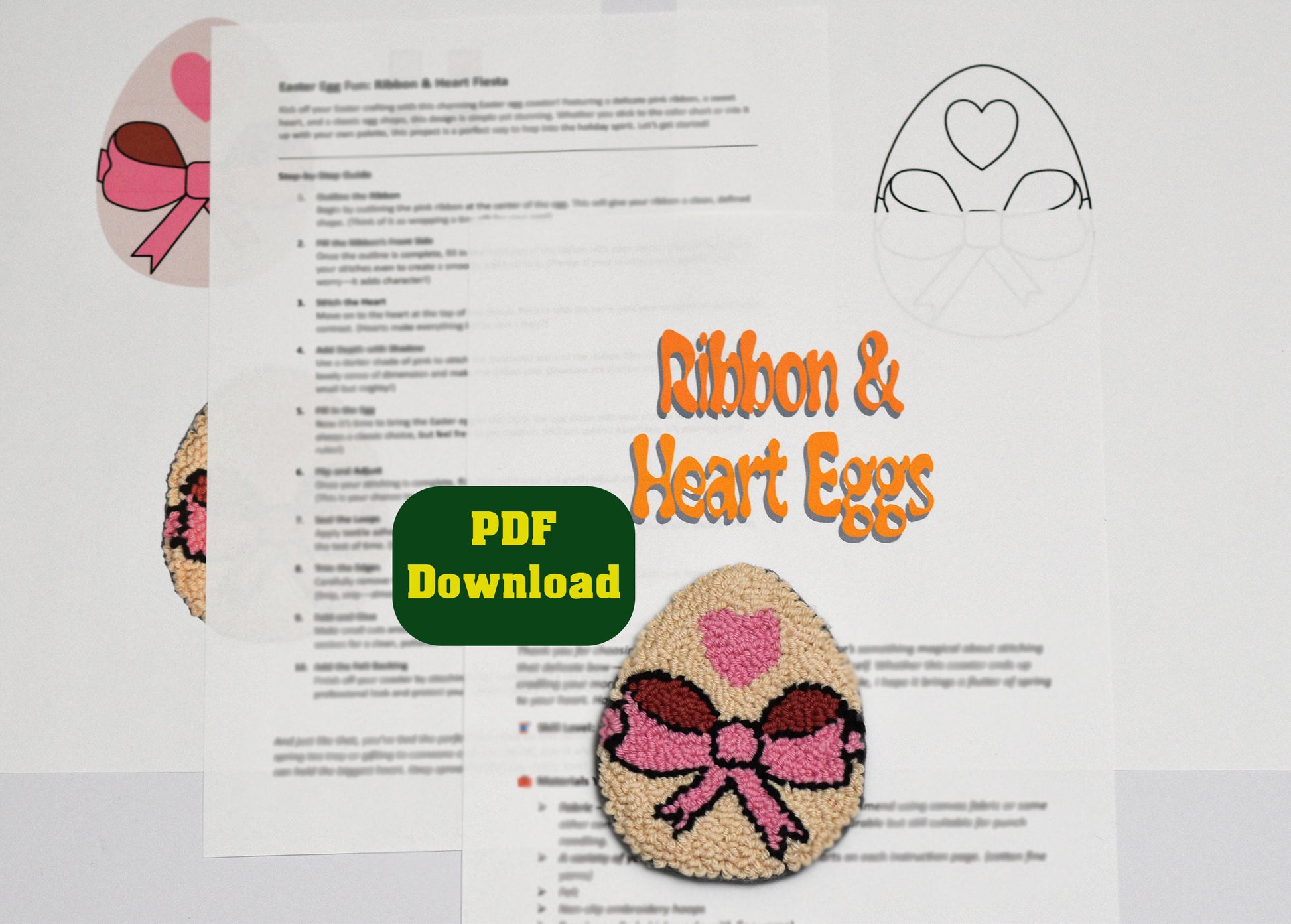 Easter egg coaster template with ribbon and heart design on a PDF document