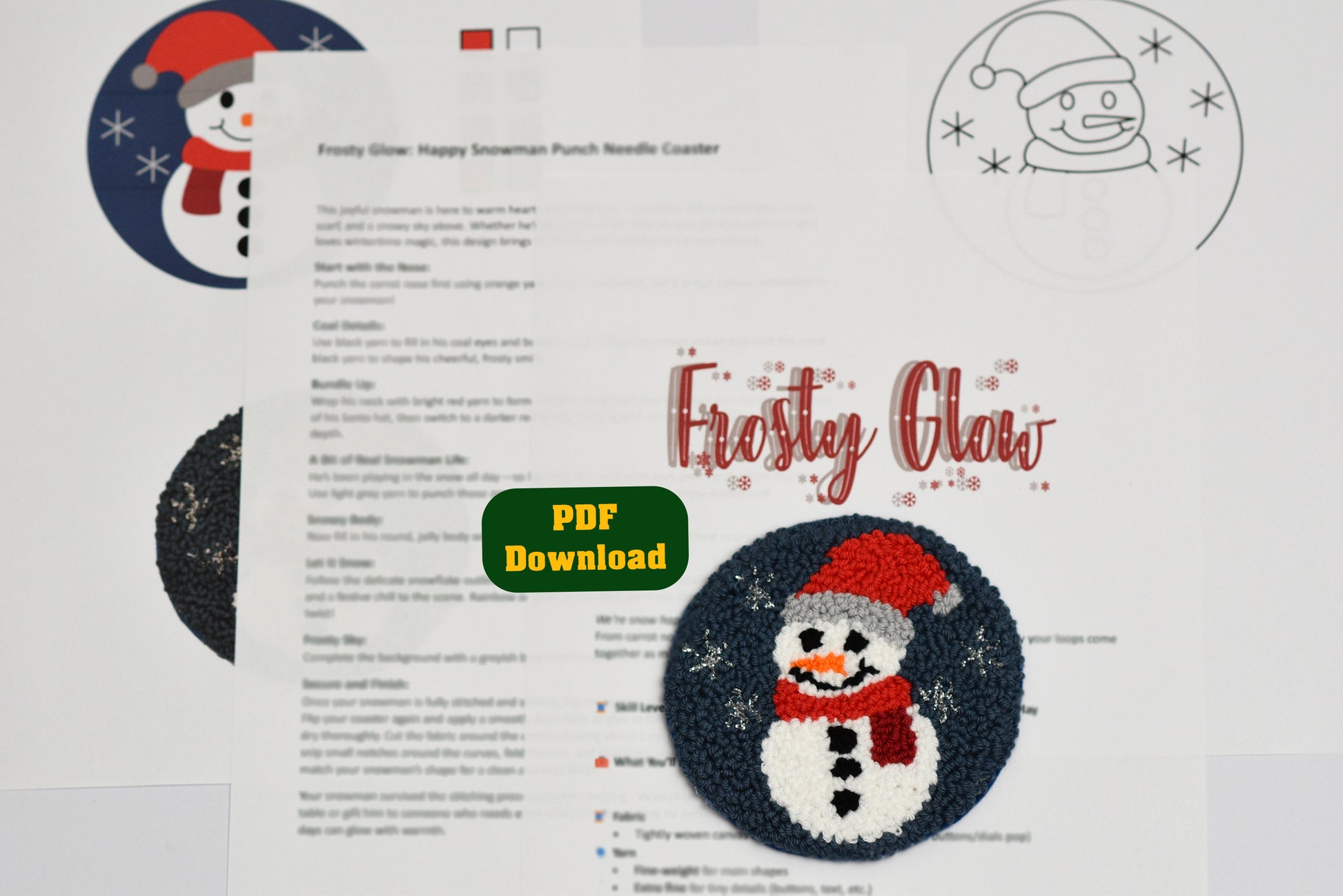 Frosty Glow punch needle coaster pattern with snowman design and PDF download button on a white background