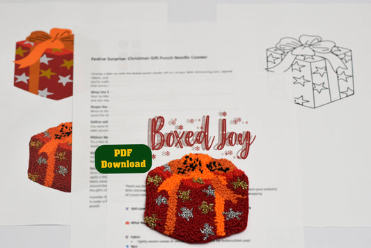 Punch needled coaster with gift box design with 'Boxed Joy' text and PDF download button on a white background