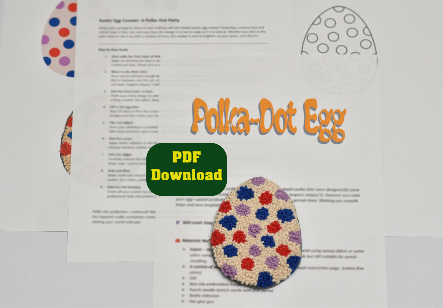 Polka Dot Egg Coaster craft project with PDF download text on a white background