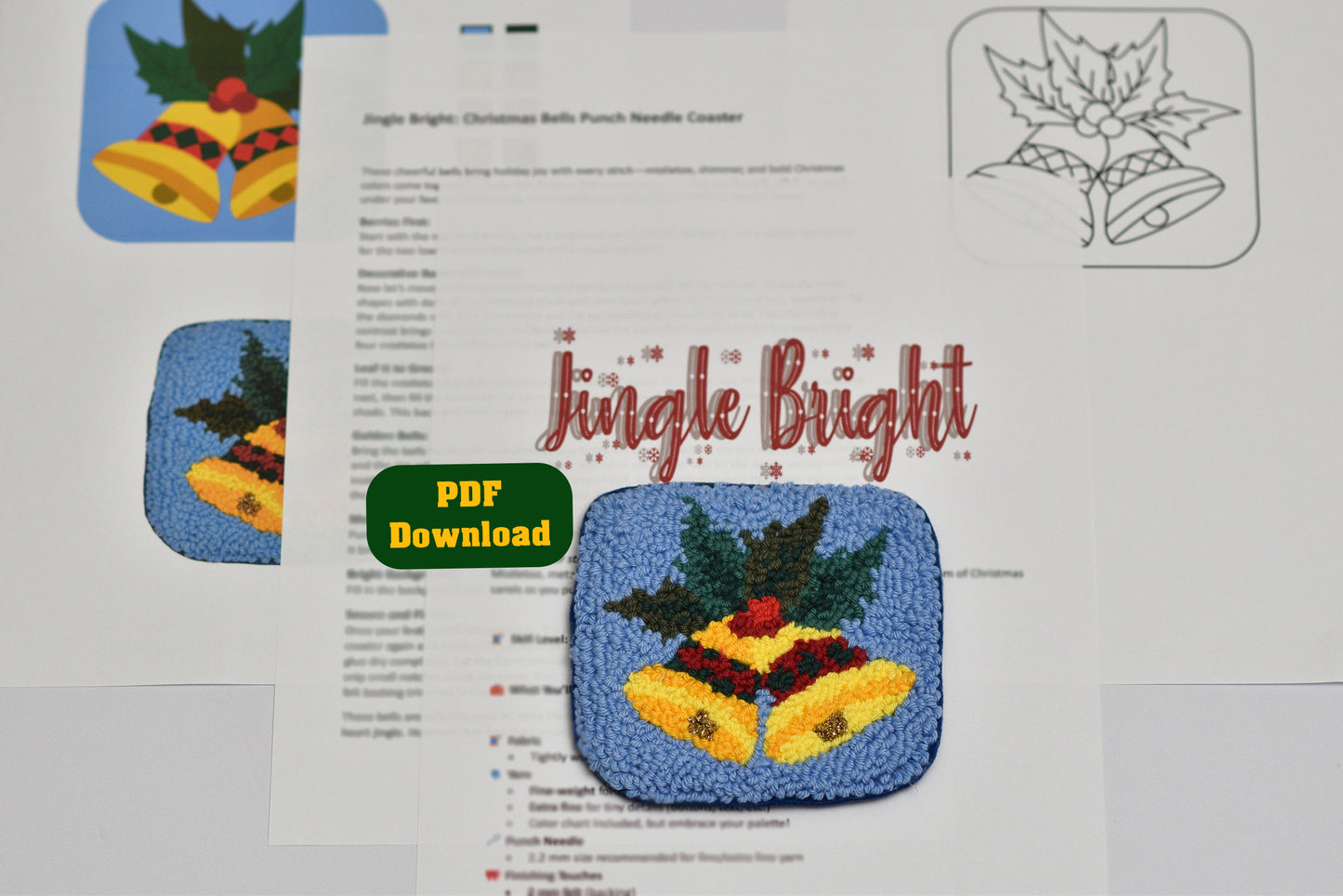 Christmas-themed punch needle coaster pattern with 'Jingle Bright' text on a white background