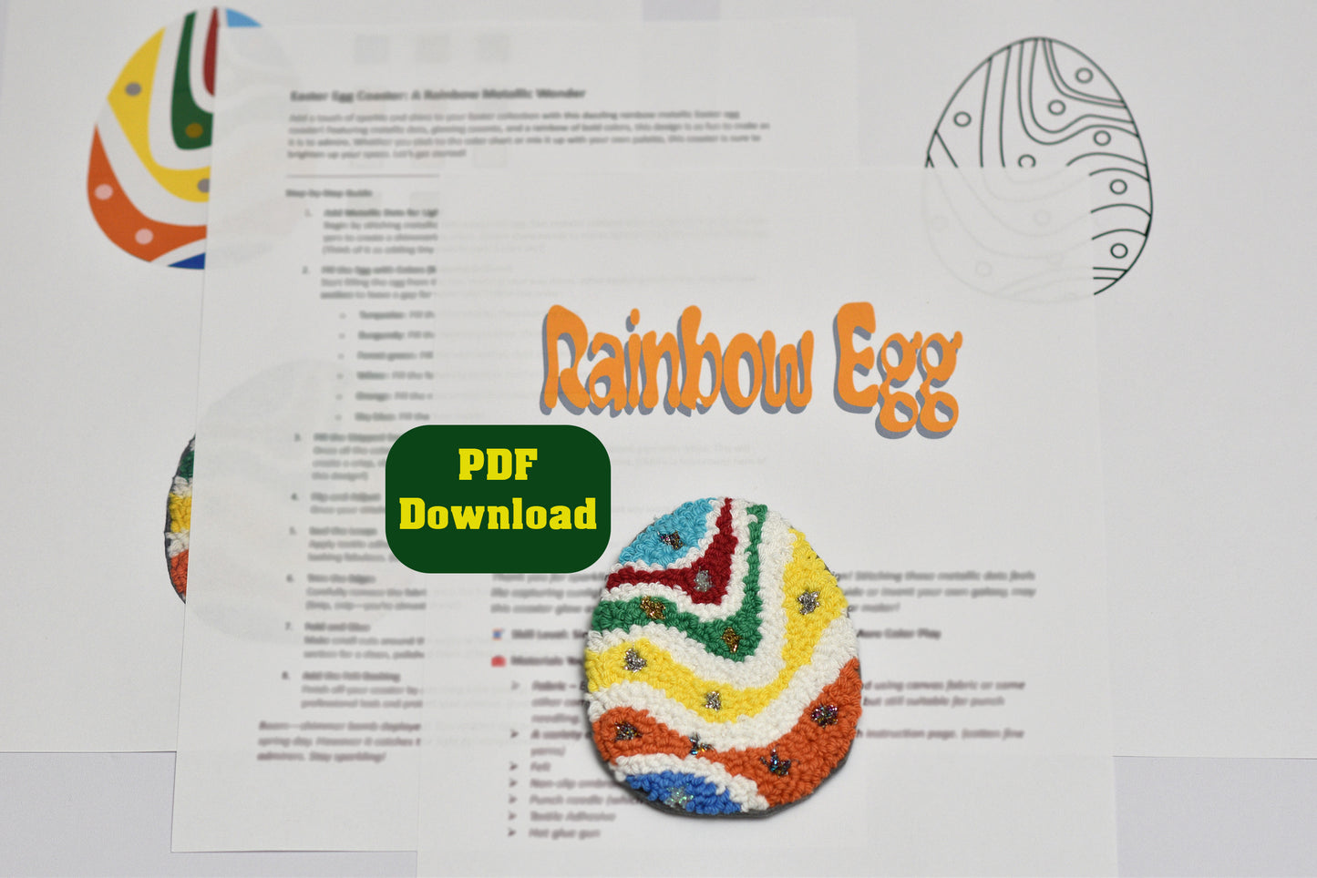 Colorful rainbow Easter egg design with text and PDF download button on a white background