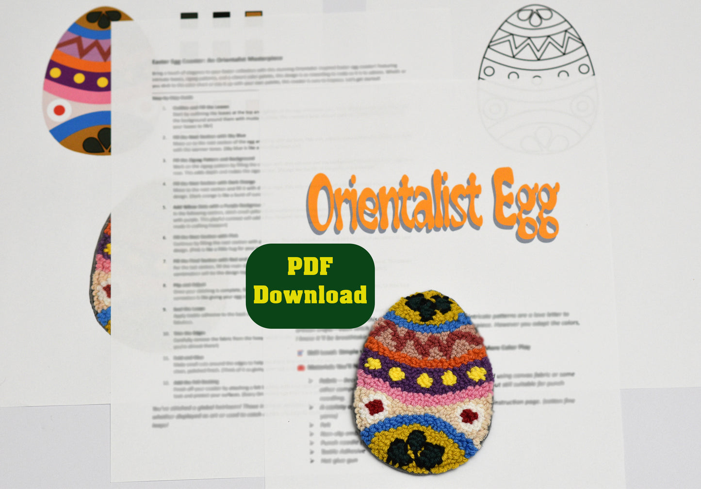 Colorful embroidered egg with text about a PDF download titled 'Orientalist Egg'.