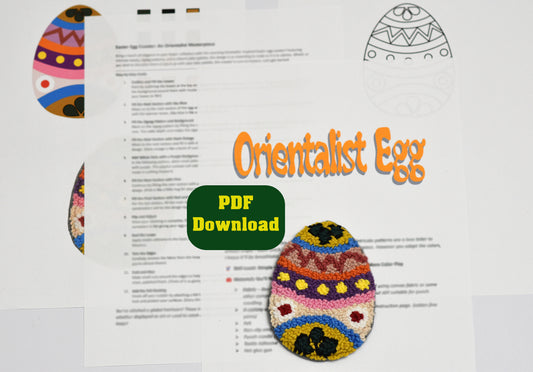 Colorful embroidered egg with text about a PDF download titled 'Orientalist Egg'.