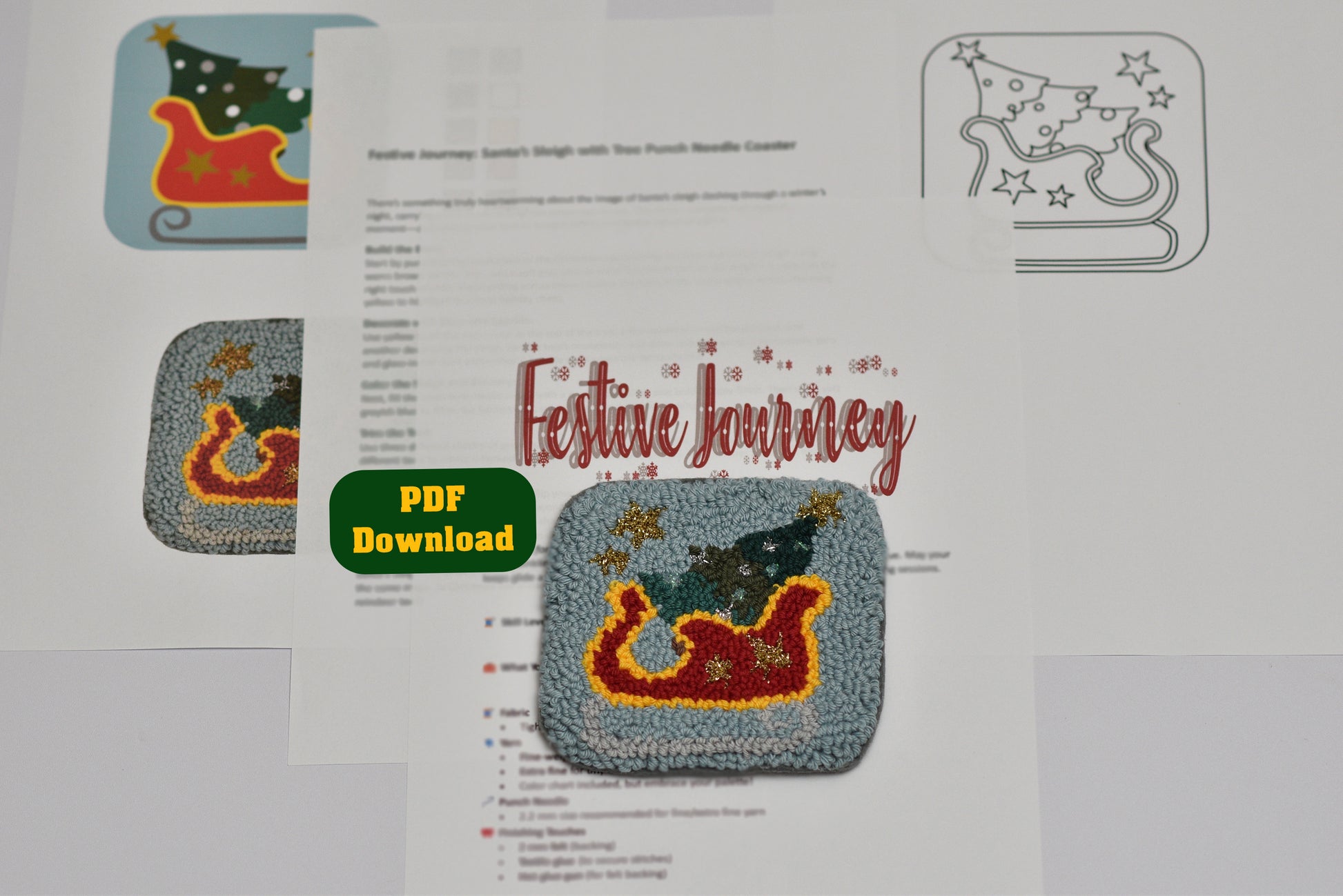 Festive punch needled coaster pattern with 'Festive Journey' text and Christmas-themed designs.