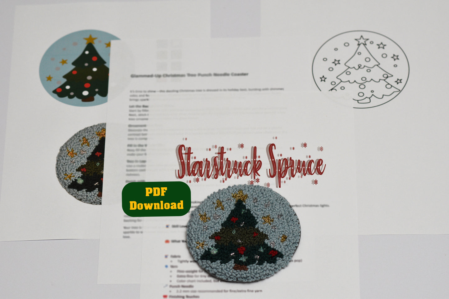 Embroidery coaster design with Christmas tree pattern and 'Starstruck Spruce' text.