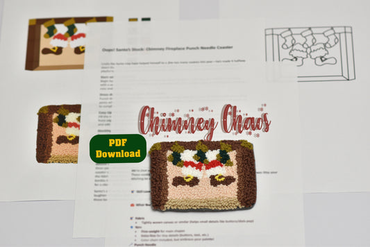 PDF download of 'Chimney Chaos' coaster pattern with punch needle design and text on a white background