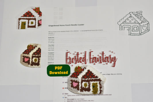 Punch needle coaster pattern with Gingerbread house design with 'Frosted Fantasy' text on a white background