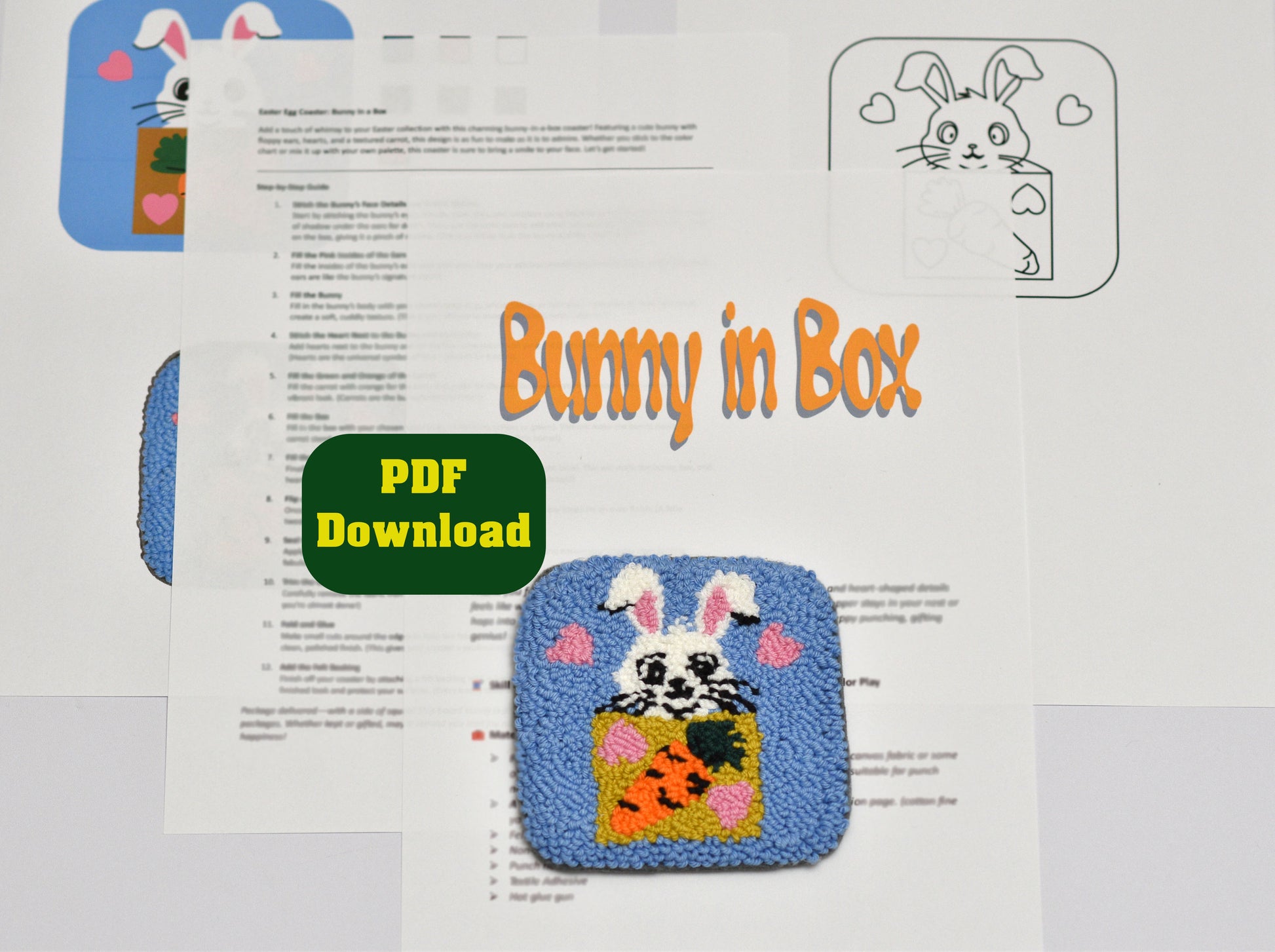 Punch needle pattern for a Easter bunny in a box with text and graphics on a white background