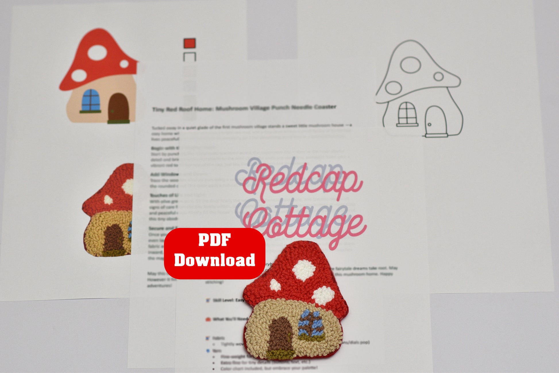 Embroidery coaster pattern with mushroom design for a redcap cottage with PDF download text on a white background