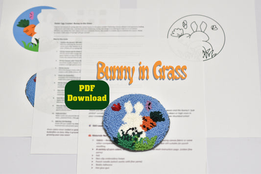 Punch needle coaster pattern for a bunny in grass, featuring text and a PDF download button.