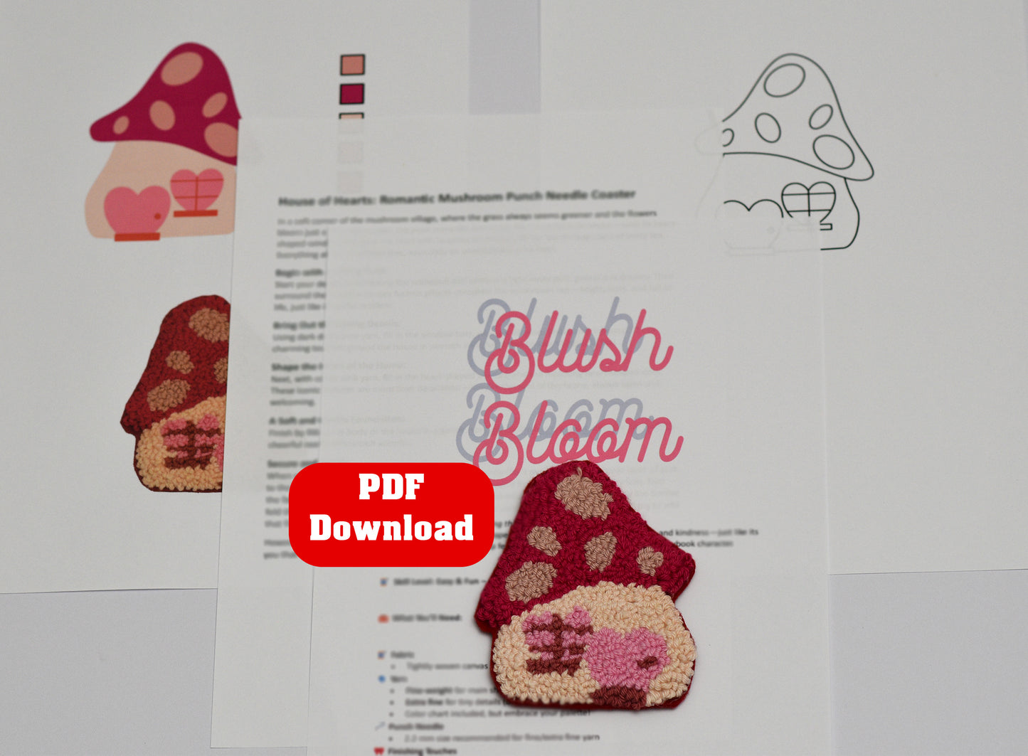 Embroidery coaster design files for mushroom-shaped items with 'Blush & Bloom' branding.