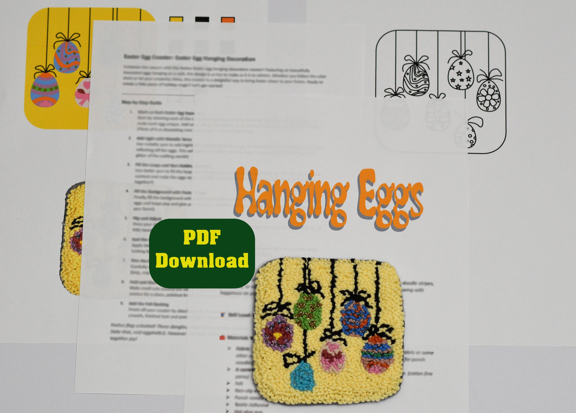 Embroidery pattern with hanging Easter eggs design and PDF download text on a gray background