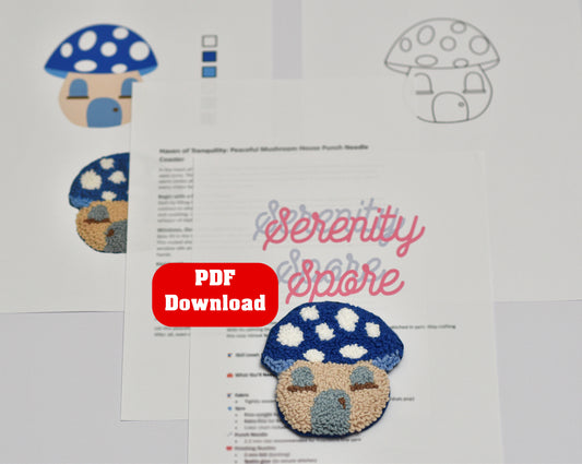 Embroidery coaster pattern with mushroom design and 'Serenity of Spore' text on a white background.