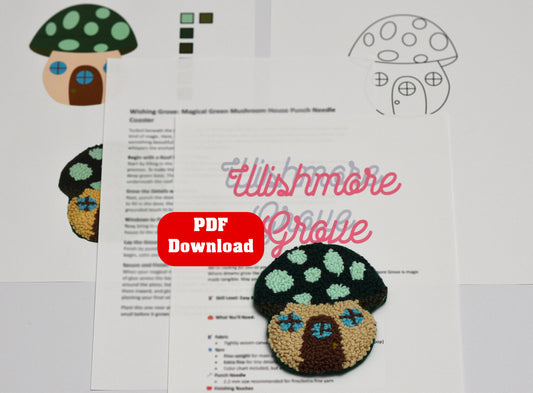 Pattern sheet for punch needle coaster with mushroom house design with 'Wishmore Design' branding and PDF download button.