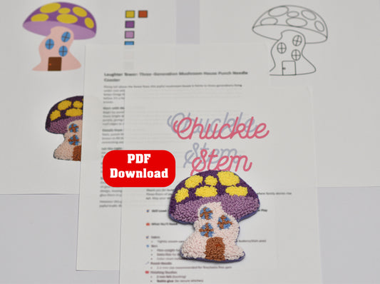 Color chart and pattern for a mushroom-shaped house coaster with 'Chuckle & Stem' branding.