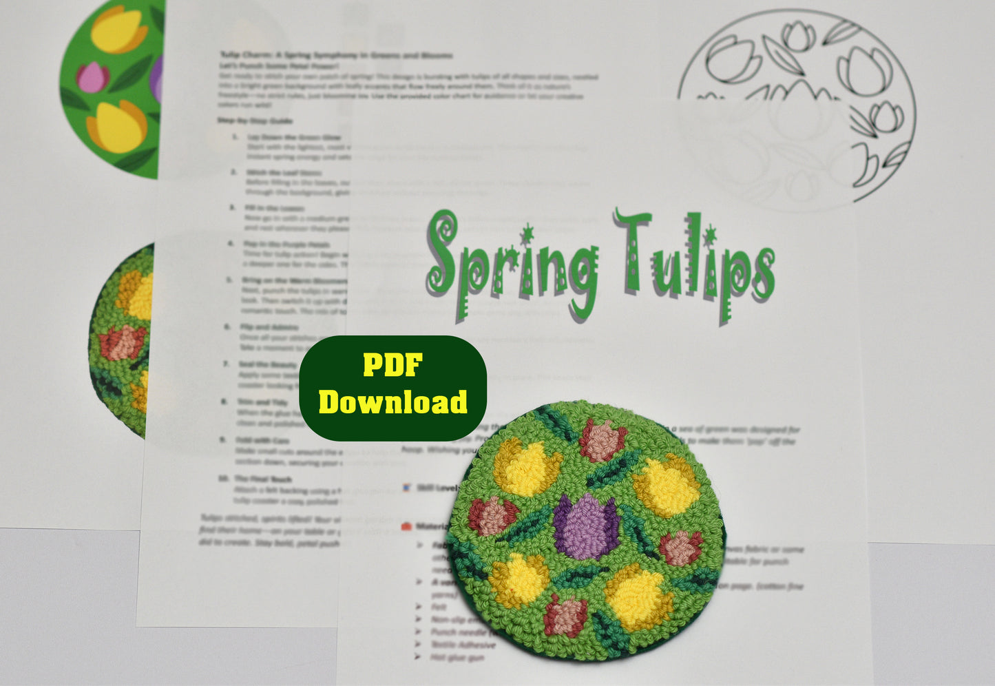 Punch needle project of a coaster with spring tulips design , including a PDF download.