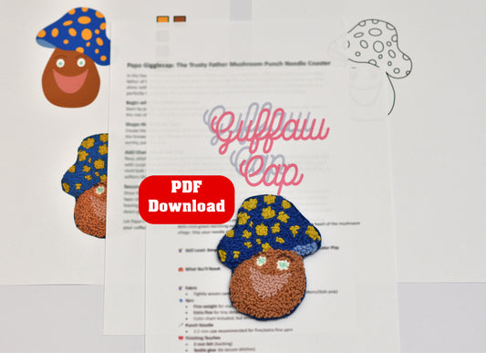 Mushroom-shaped punch needle coaster with a PDF download button on a white background