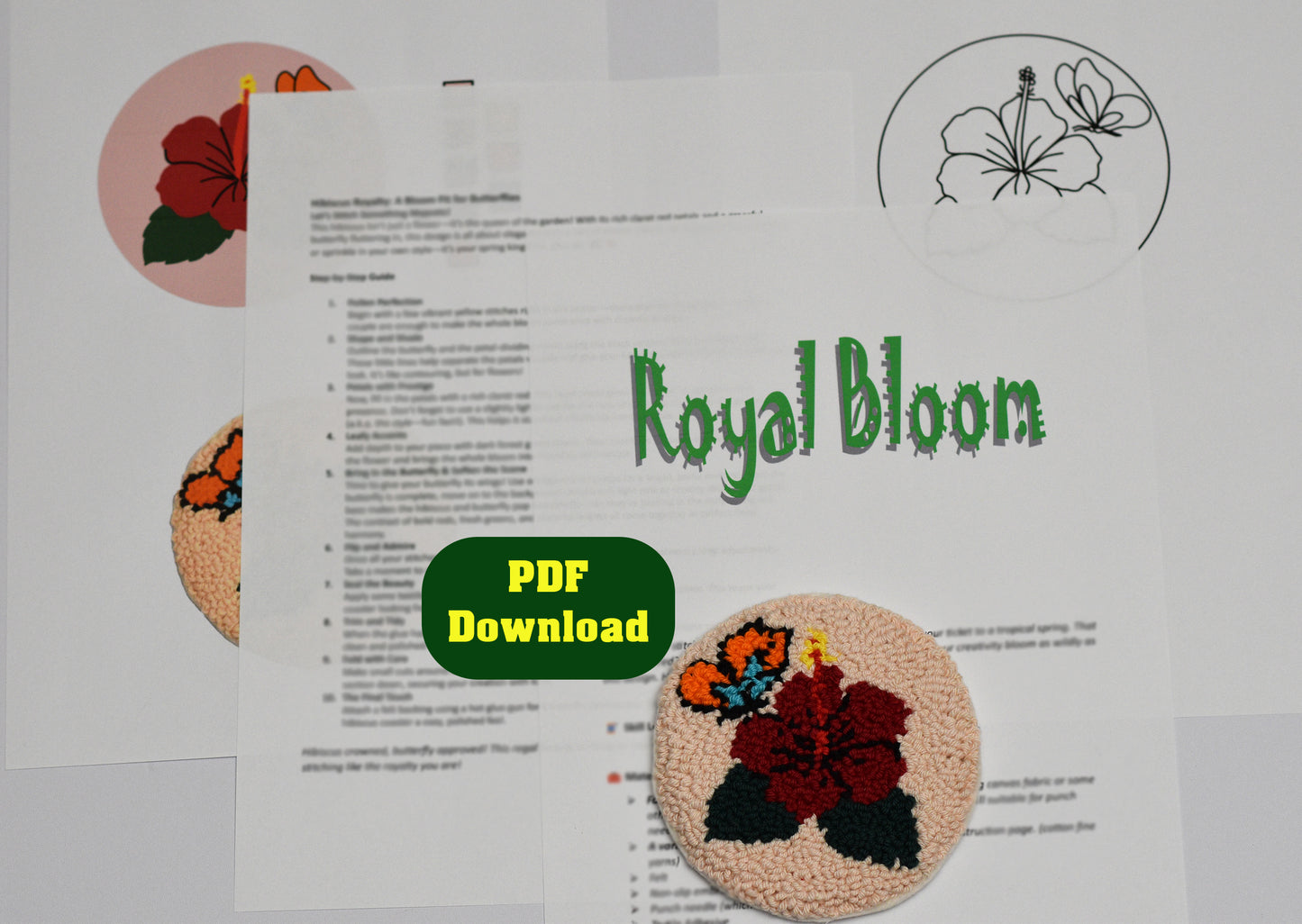 Embroidery coaster design  with 'Royal Bloom' branding and PDF download option on a white background.
