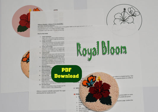 Embroidery coaster design  with 'Royal Bloom' branding and PDF download option on a white background.