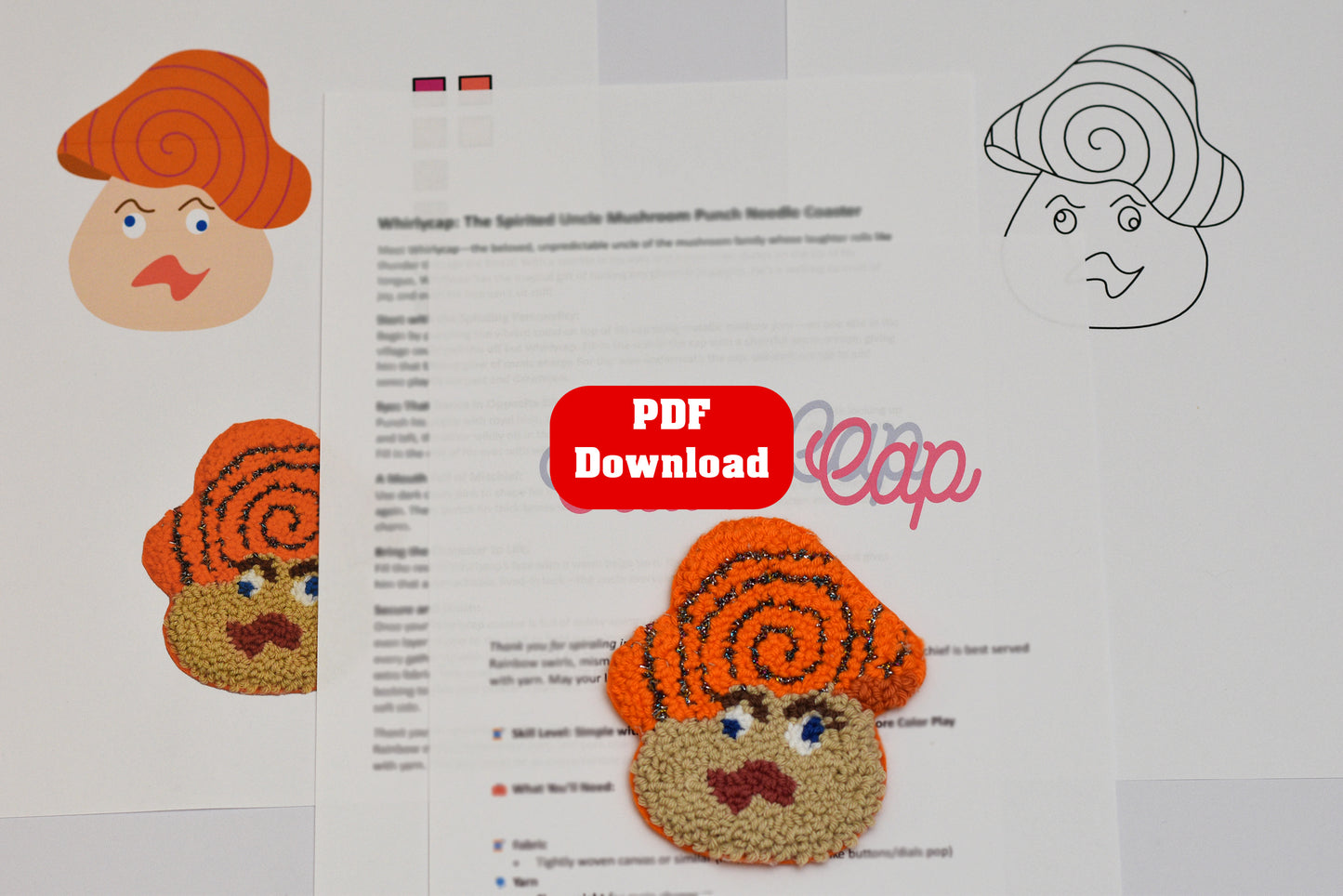 Punch needled mushroom designed coaster pattern with PDF download text on a white background