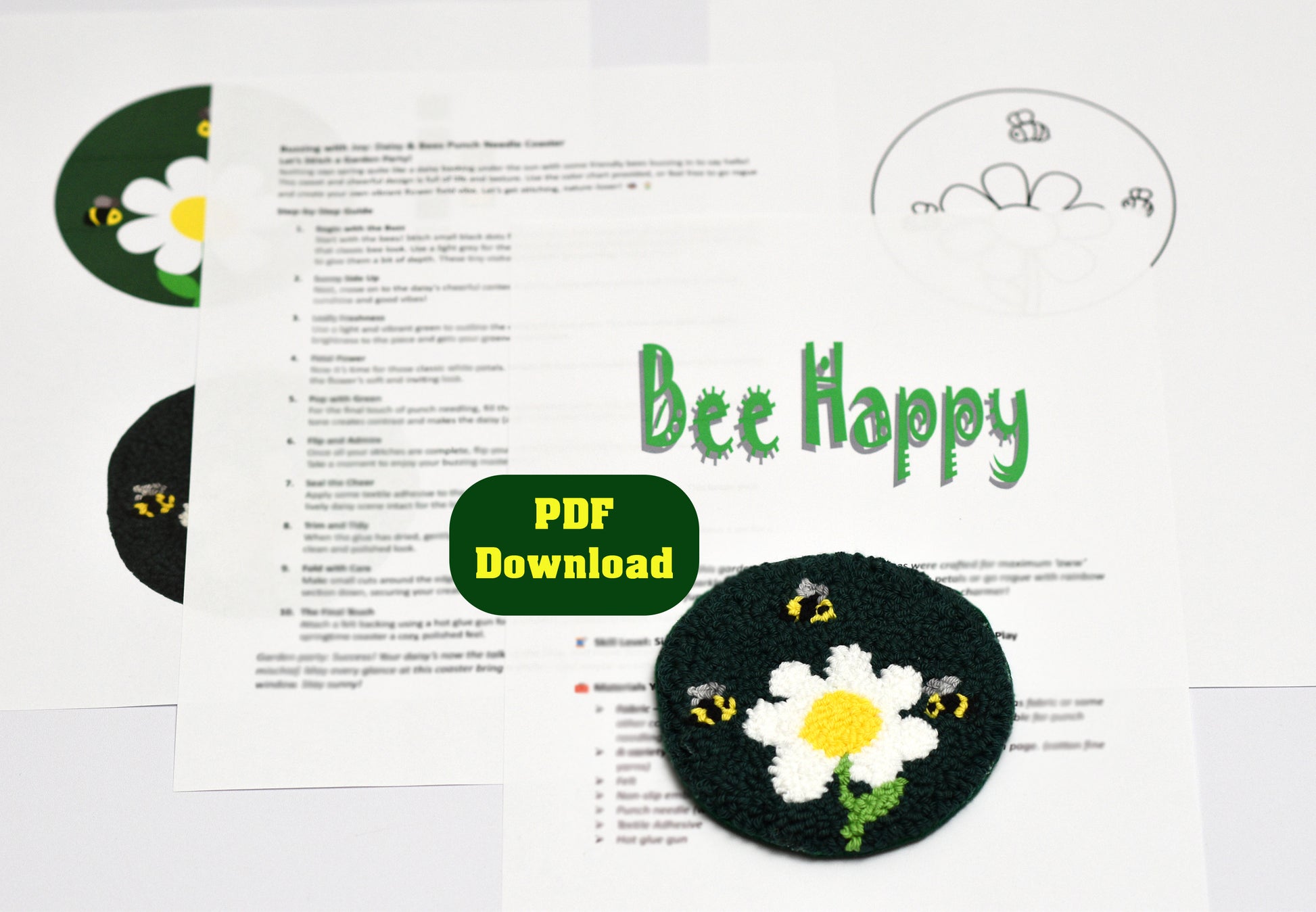 Bee-themed coaster craft kit with 'Bee Happy' text and PDF download option on a white background.