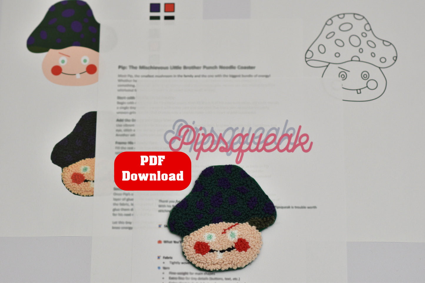 Punch needle coaster PDF pattern download with mushroom-shaped character illustrations on a white background