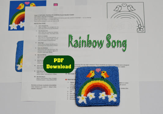 Embroidered Coaster with a colorful rainbow and love birds design and PDF download label.