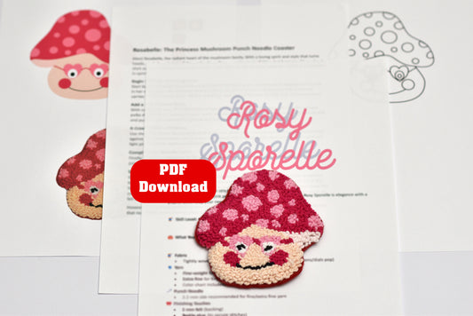Mushroom-themed punch needle coaster with a PDF download button on a white background