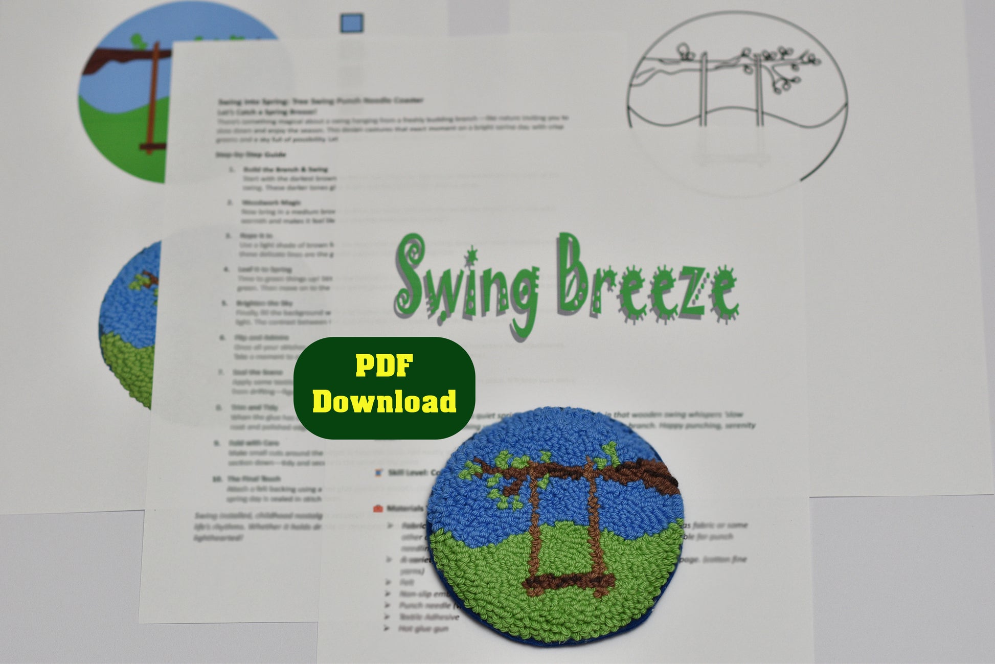 Embroidered coaster including swing design, labelled 'Swing Breeze' and PDF download button on a white background