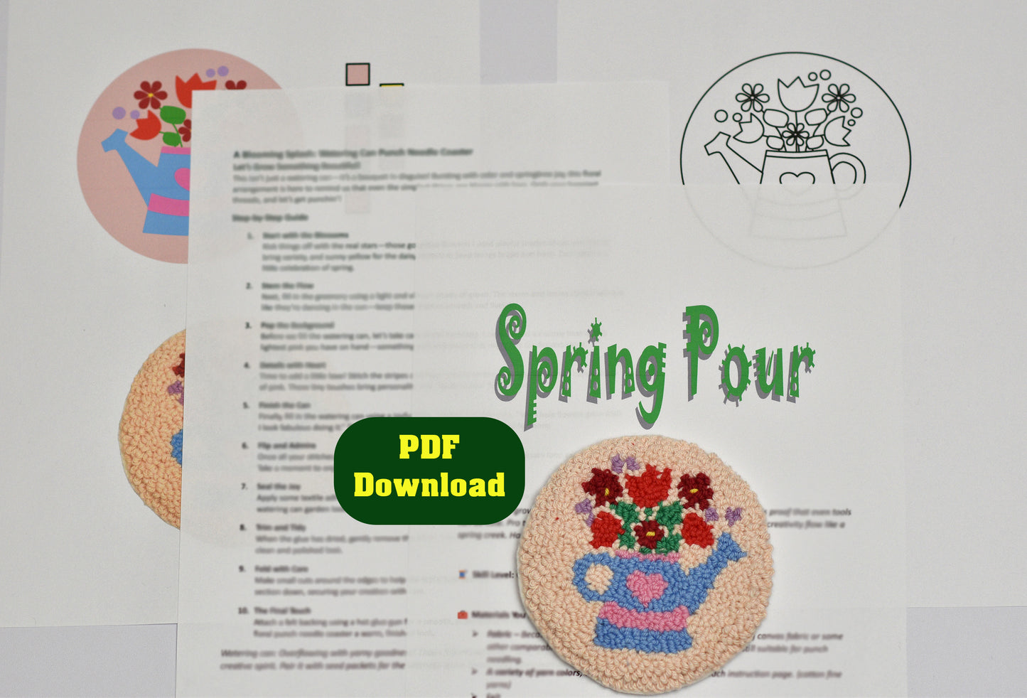 Embroidered coaster with decorative flower elements and watering pot, featuring a 'Spring Pour' PDF download button.